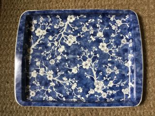 Vintage Daher Decorated Ware Tin Serving Tray Blue White Cherry Blossom England