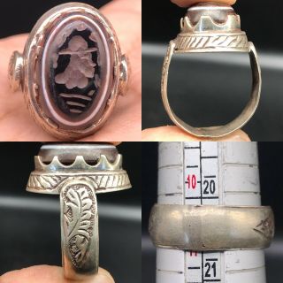 Solid Silver Old Roman Agate King Seal Intaglio Face Ring