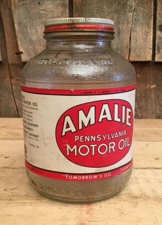Vintage Amalie Pennsylvania Motor Oil 1 Qt Glass Jar Can Gas Service Station
