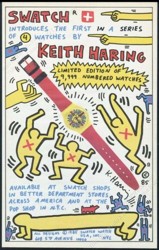 1985 Keith Haring Swatch Watch Photo Great Art 1st Big Vintage Print Ad