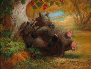ANTHONY BARHAM Oil Painting,  Brown Bears Berry Tree Landscape BEAR HUG 3
