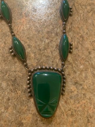 1940’s Sterling Silver & Carved Green Onyx Faces Taxco Mexican Necklace