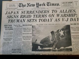 York Times Newspaper Sept.  2nd 1945 " Japan Surrenders To Allies "