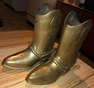 (2) Vintage Brass 6.  5” Cowboy Boots Decor Planter,  Vase,  Doorstops,  Bookends Gc