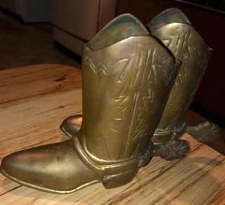 (2) Vintage BRASS 6.  5” Cowboy Boots Decor Planter,  Vase,  Doorstops,  Bookends GC 2