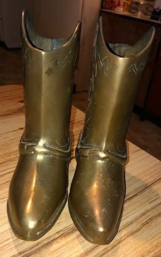 (2) Vintage BRASS 6.  5” Cowboy Boots Decor Planter,  Vase,  Doorstops,  Bookends GC 3