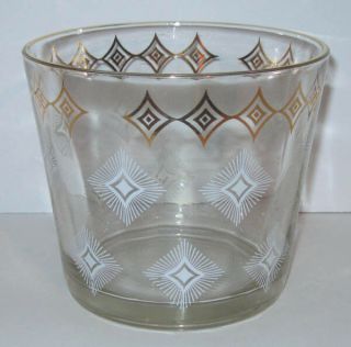 Vintage Clear Glass Ice Bucket Mid - Century White & Gold Atomic Diamond Starburst