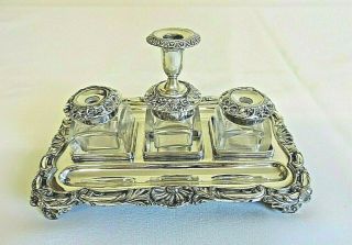 Antique Georgian Silver Plate Inkwell Desk Set With Chamberstick & Stand C.  1800