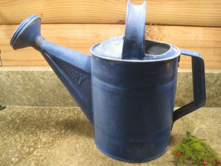 Vintage Savory Galvanized Watering Can 10.  5” Tall Painted Country Blue