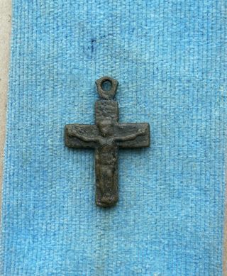 Early Middle Ages Small Bronze Catholic Cross With Virgin Mary And Jesus Christ