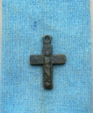 Early middle ages small bronze Catholic cross with Virgin Mary and Jesus Christ 2