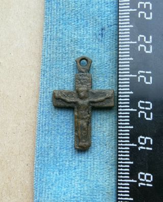 Early middle ages small bronze Catholic cross with Virgin Mary and Jesus Christ 3
