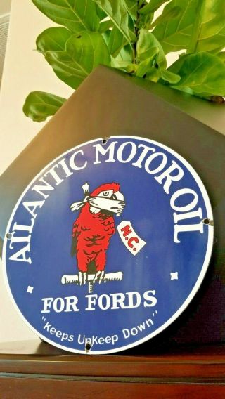 Vintage Atlantic Motor Oil Porcelain Gasoline Service Station Ford Cars Sign