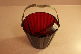Ruby Red Art Deco Depression Vintage Red Glass Ice Bucket With Metal Handle
