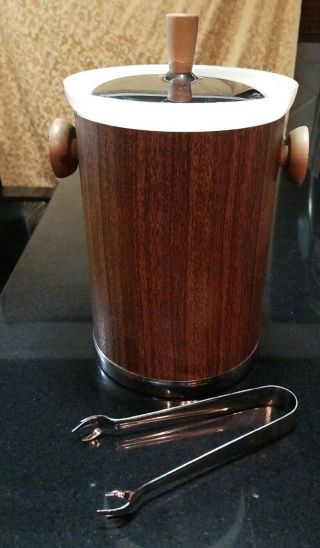 Vintage Mid Century Kromex Ice Bucket W/tongs,  Chrome Lid,  Wood Handles Usa