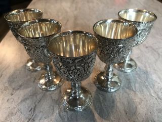 Set Of 5 Vtg Raimond Silverplate Ornately Engraved Cocktail Shot Glasses Goblets