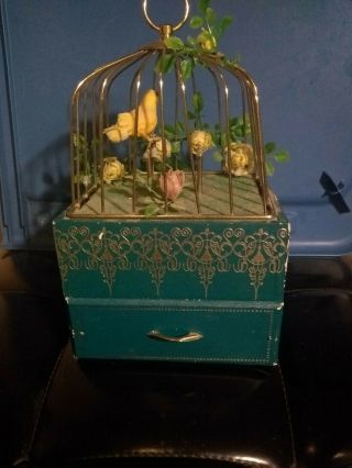 Vintage Swinging Bird Cage Music Box Drawer Jewelry Japan Morning