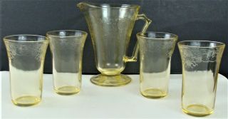 Vintage Yellow Depression Glass Beverage Set Pitcher & 4 Tumblers Florentine 2
