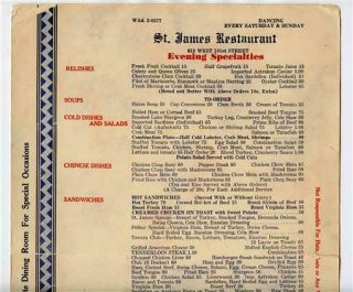 St James Restaurant Menu W 181st Street York City 1930 