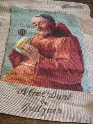Vtg A Cool Drink - Monk By Grutzner Finished Needlepoint - Gobelin Style - Buciall