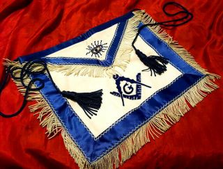 Handsome Symbolic Vintage Masonic Blue Lodge Apron Leather & Silk Master Mason