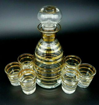 Vtg Mid Century Modern 24k Gold Trim Clear Glass Whiskey Decanter Shot Glass Set