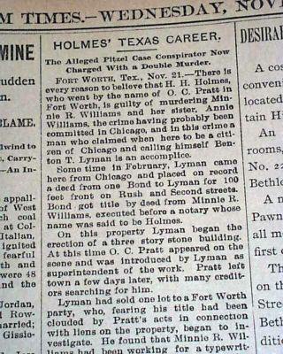 H.  H.  Holmes Herman Mudgett 1st America Serial Killer Arrested 1894 Old Newspaper