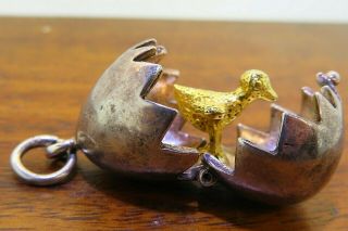 Vintage 18k Gold Silver Cracked Easter Egg Hatched Chick Bird Movable Charm Rare