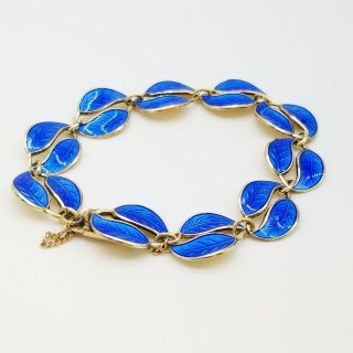 Vintage David Andersen Sterling Silver Blue Guilloche Enamel Doubl Leaf Bracelet