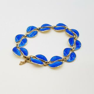 Vintage David Andersen Sterling Silver Blue Guilloche Enamel Doubl Leaf Bracelet 2