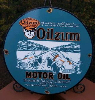 Vintage 1937 Oilzum Motor Oil Gas Porcelain Gas Station Pump Sign Mass.