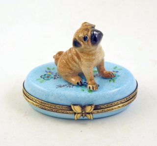 French Limoges Trinket Box Cute Pug Dog Puppy On Blue Box With Flowers