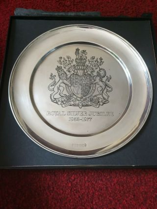 Solid Silver 25cm Jubilee 1977 Plate / Tray Boxed Royal Coat Of Arms 395g