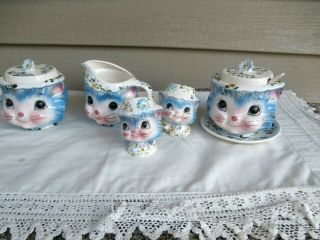 Vtg Anthromorphic 50s Lefton Ceramic Miss Priss Kitty Blue Cat Tea Set Japan