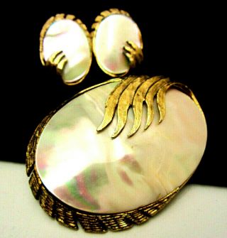 Rare Vintage Goldtone Mother Of Pearl 2 - 3/4 " Brooch & 1 - 1/4 " Clip Earring Set A4
