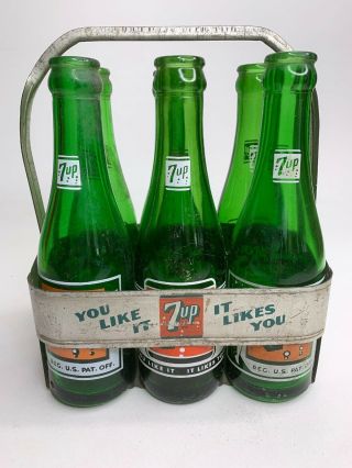 Vintage You Like It 7up Metal 6 Pack Carrier Bottle Holder With Bottles