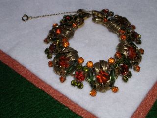 065n Vintage Juliana D&e Chunky Rhinestone Bracelet Orange Green 7 - 1/4 "