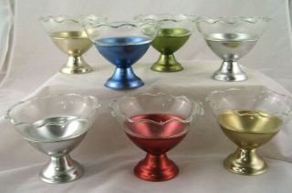 Vintage Mcm Brushed Aluminum Ice Cream Bowls Glass Inserts Set Of 7 Multi Colors