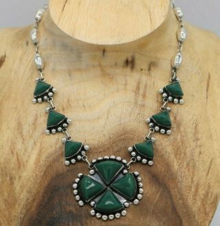 Pre - 1948 Mexico Sterling Green Onyx Art Deco Link Necklace & Earrings 17 Inch
