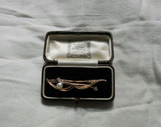 Antique Vintage 15k 585 Gold Natural Pearl And Diamond Pin Brooch In Leather Box
