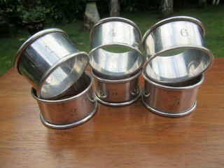 Set Six Numbered 1 To 6 Silver Serviette Napkin Rings B`ham 1925 Date Letter A