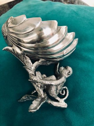 Arthur Court Monkey Pedestal Bowl For Candy Or Nuts.  2004 Aluminum 5 " Tall