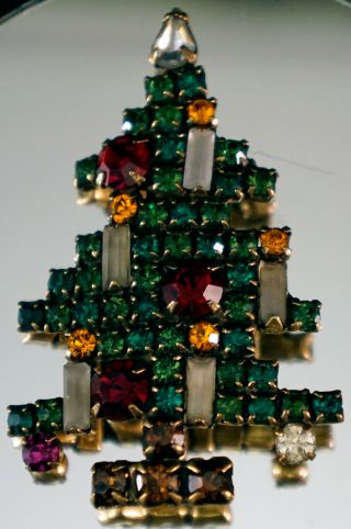 Vintage Signed Weiss Rhinestone Christmas Tree Brooch Pin Bright & Colorful 1