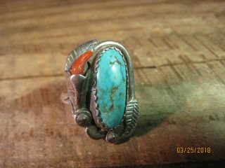 Vintage Navajo Sterling Silver Turquoise And Coral Ring Carl Luthy Shop