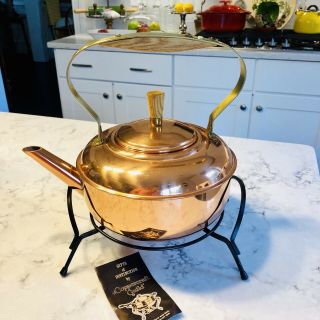 Vintage Coppercraft Guild Copper Tea Pot W/wrought Iron Stand Large