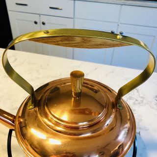 VINTAGE COPPERCRAFT GUILD Copper Tea Pot w/Wrought Iron Stand LARGE 2