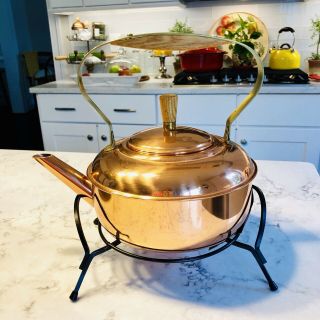 VINTAGE COPPERCRAFT GUILD Copper Tea Pot w/Wrought Iron Stand LARGE 3