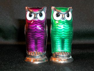 Figural David Andersen Norway Sterling Silver Enamel Owl Salt Pepper Shakers