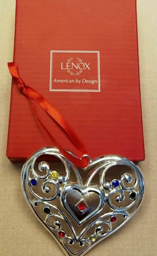 Lenox Sparkle And Scroll Heart Ornament Silverplate Multicolored Crystals
