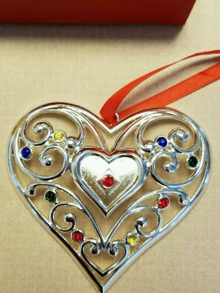 Lenox Sparkle and Scroll Heart Ornament Silverplate Multicolored Crystals 2
